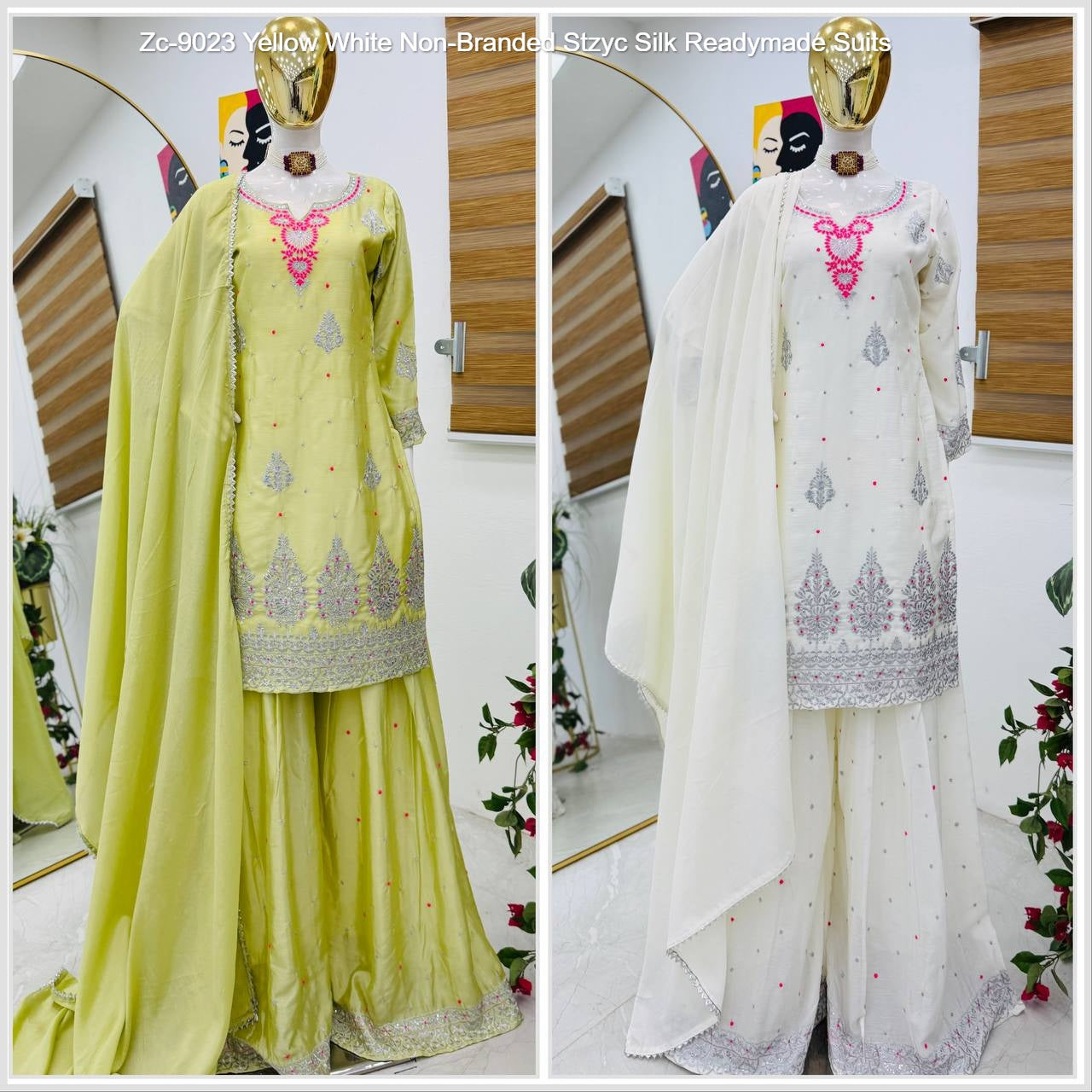 Zc-9023 Yellow White Non-Branded Stzyc Silk Readymade Suits