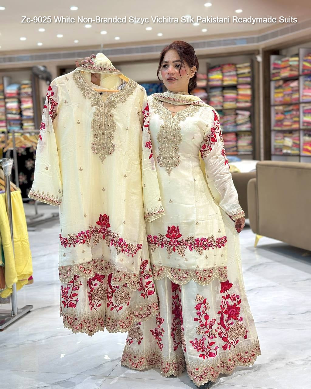 Zc-9025 White Non-Branded Stzyc Vichitra Silk Pakistani Readymade Suits