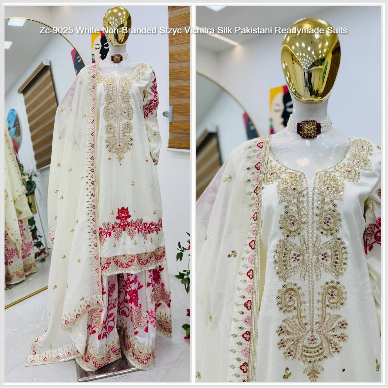 Zc-9025 White Non-Branded Stzyc Vichitra Silk Pakistani Readymade Suits