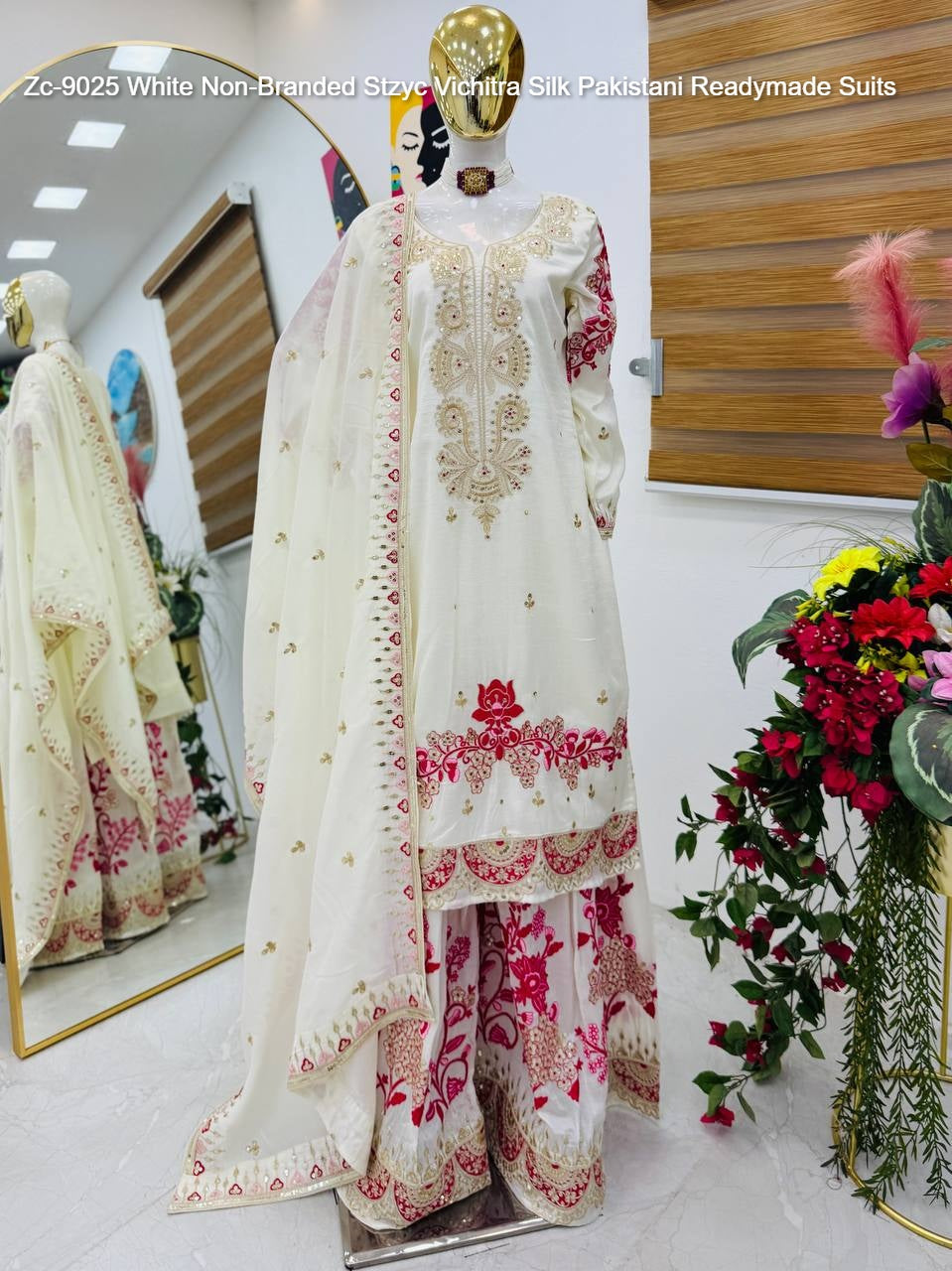 Zc-9025 White Non-Branded Stzyc Vichitra Silk Pakistani Readymade Suits