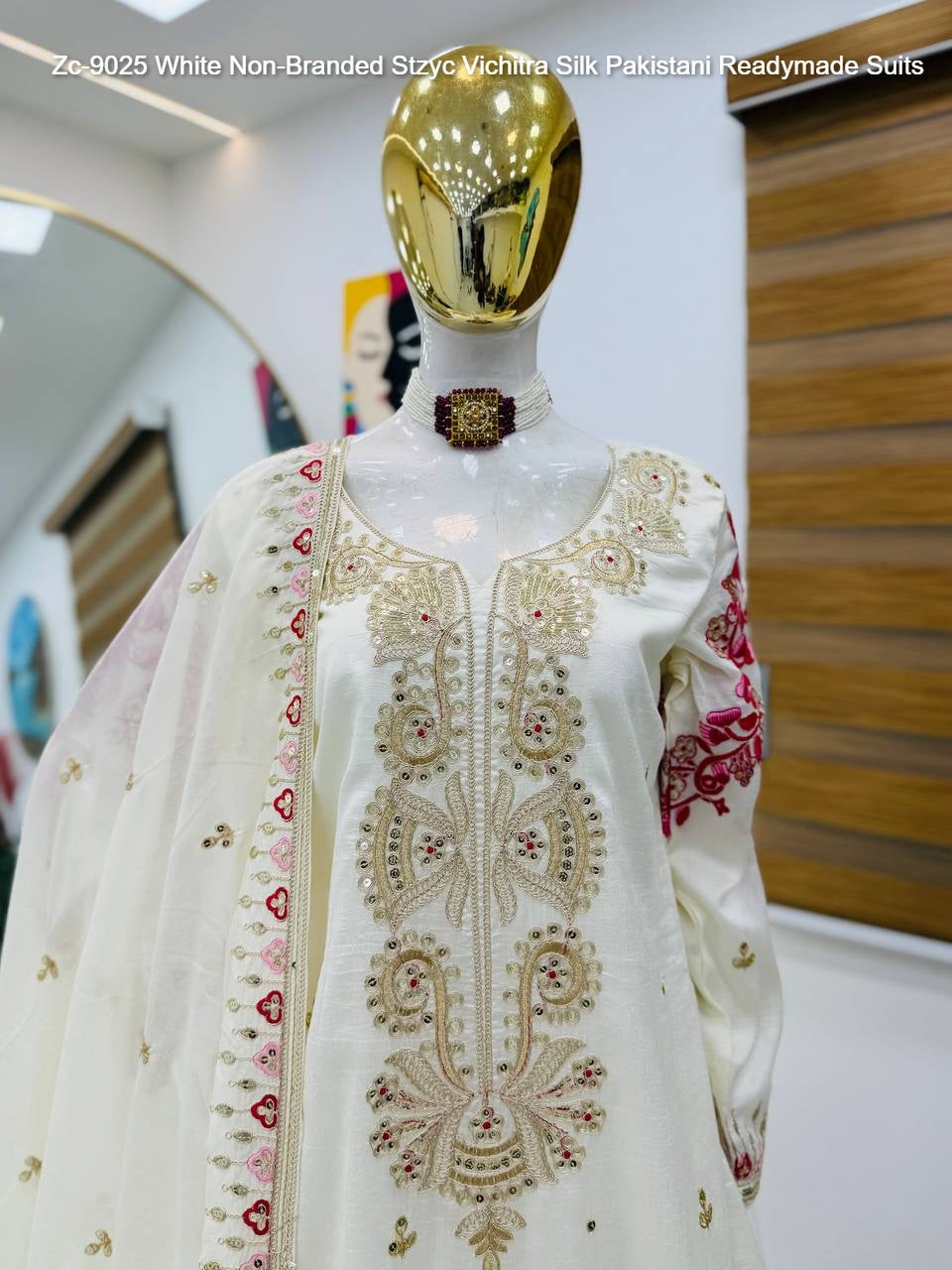 Zc-9025 White Non-Branded Stzyc Vichitra Silk Pakistani Readymade Suits