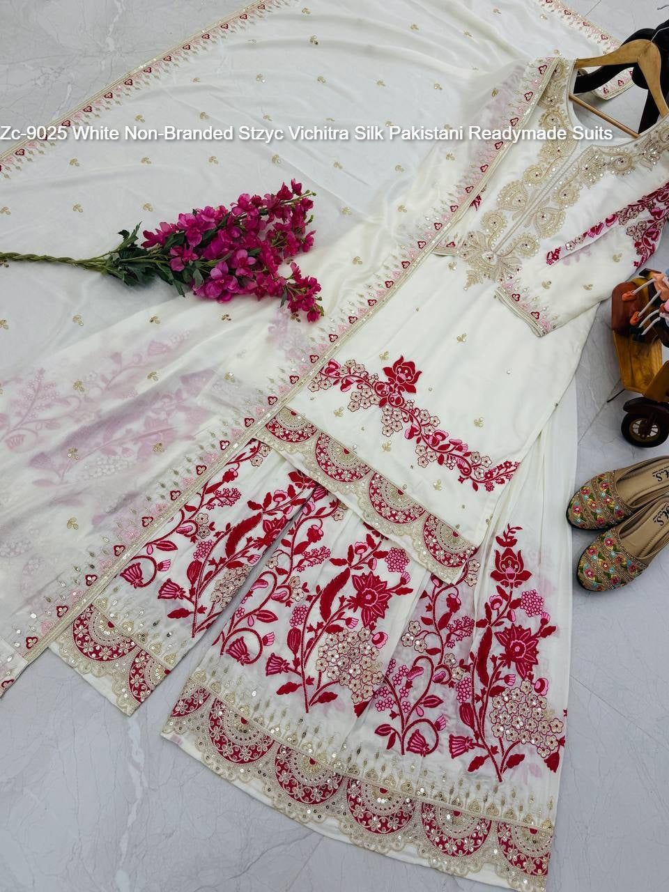 Zc-9025 White Non-Branded Stzyc Vichitra Silk Pakistani Readymade Suits