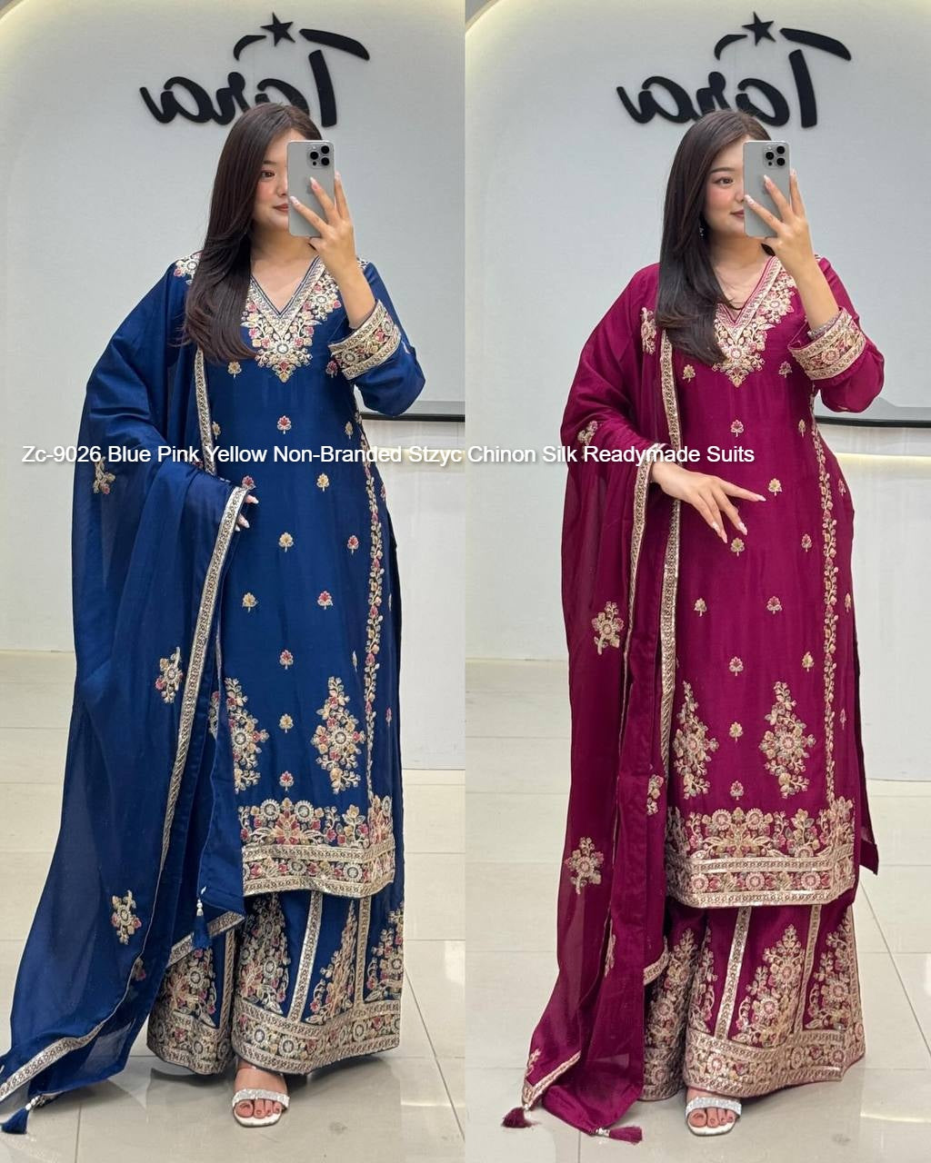 Zc-9026 Blue Pink Yellow Non-Branded Stzyc Chinon Silk Readymade Suits