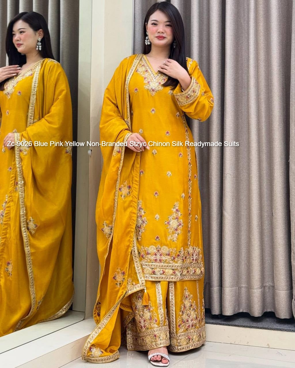 Zc-9026 Blue Pink Yellow Non-Branded Stzyc Chinon Silk Readymade Suits