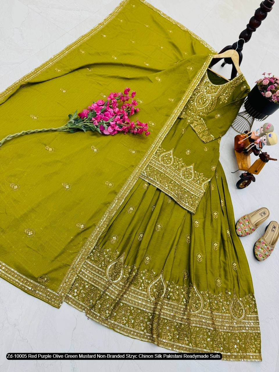 Zd-10005 Red Purple Olive Green Mustard Non-Branded Stzyc Chinon Silk Pakistani Readymade Suits