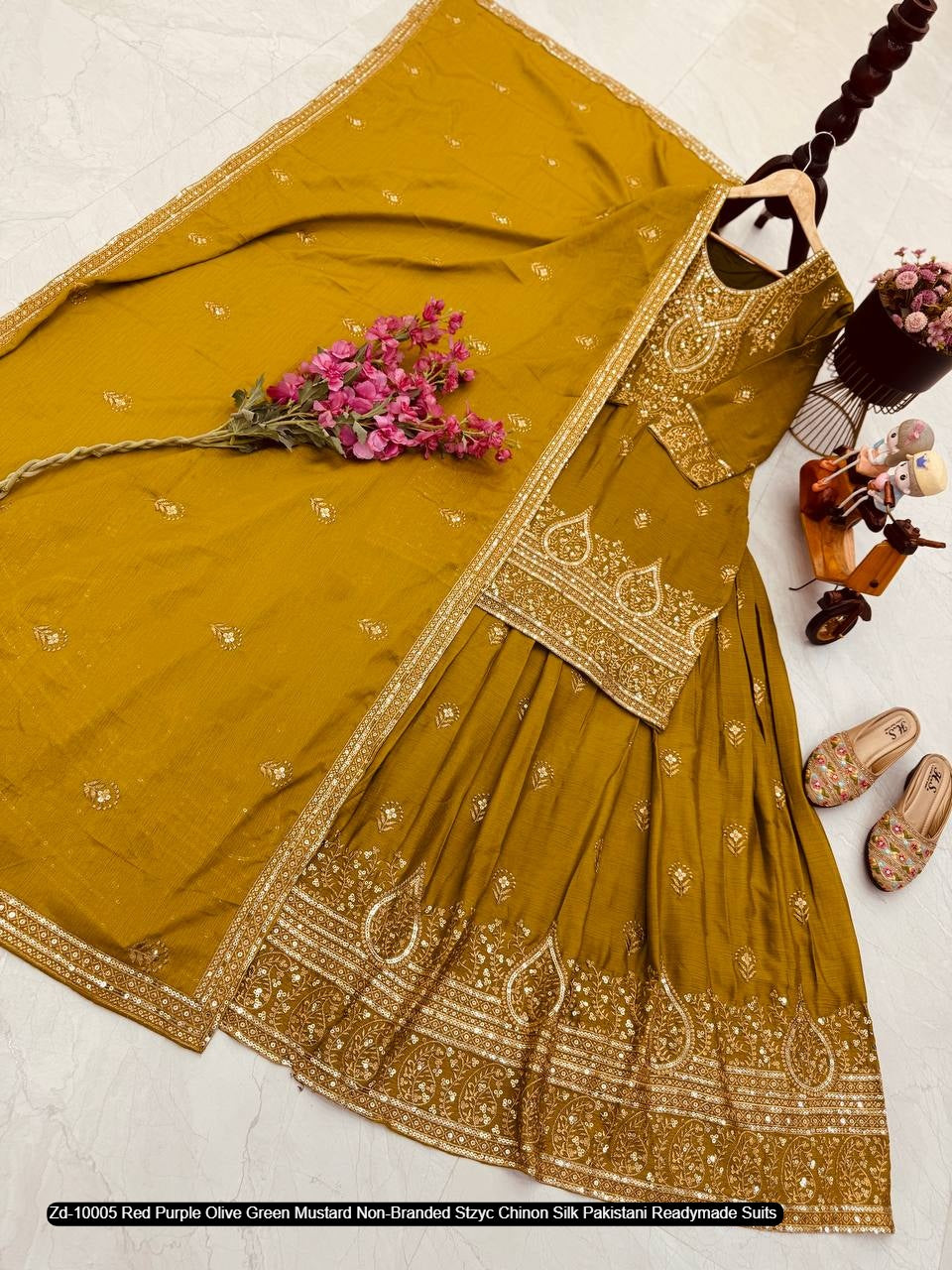 Zd-10005 Red Purple Olive Green Mustard Non-Branded Stzyc Chinon Silk Pakistani Readymade Suits