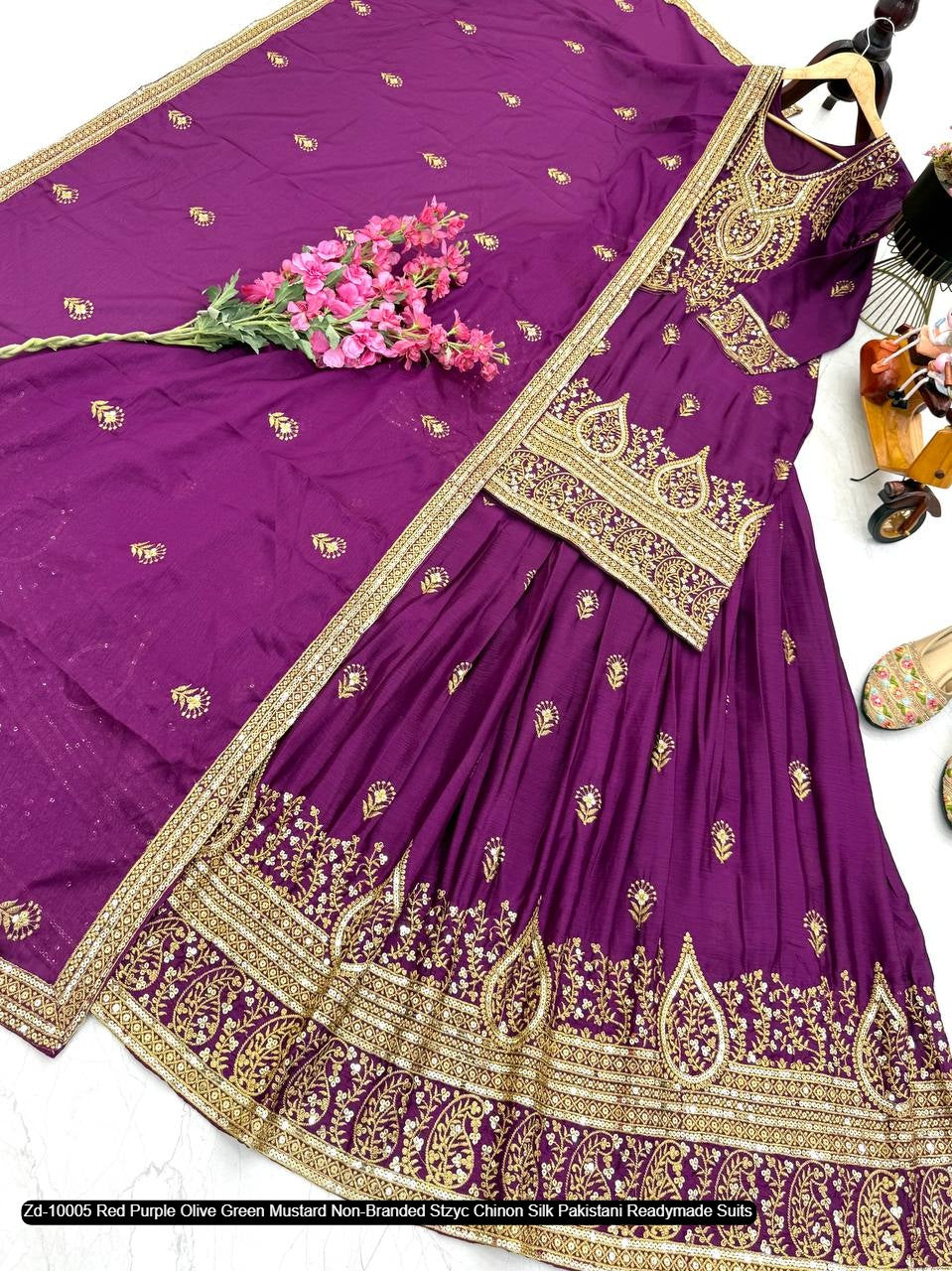 Zd-10005 Red Purple Olive Green Mustard Non-Branded Stzyc Chinon Silk Pakistani Readymade Suits