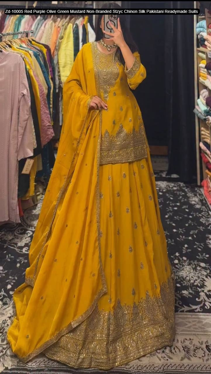 Zd-10005 Red Purple Olive Green Mustard Non-Branded Stzyc Chinon Silk Pakistani Readymade Suits