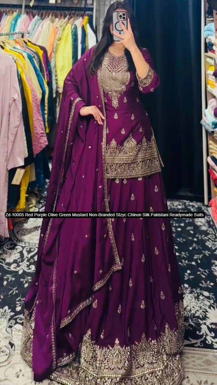 Zd-10005 Red Purple Olive Green Mustard Non-Branded Stzyc Chinon Silk Pakistani Readymade Suits