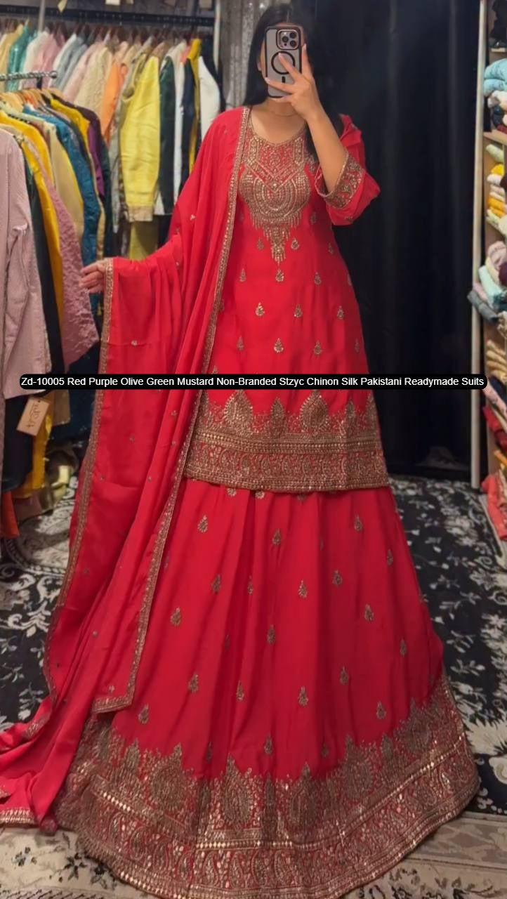 Zd-10005 Red Purple Olive Green Mustard Non-Branded Stzyc Chinon Silk Pakistani Readymade Suits