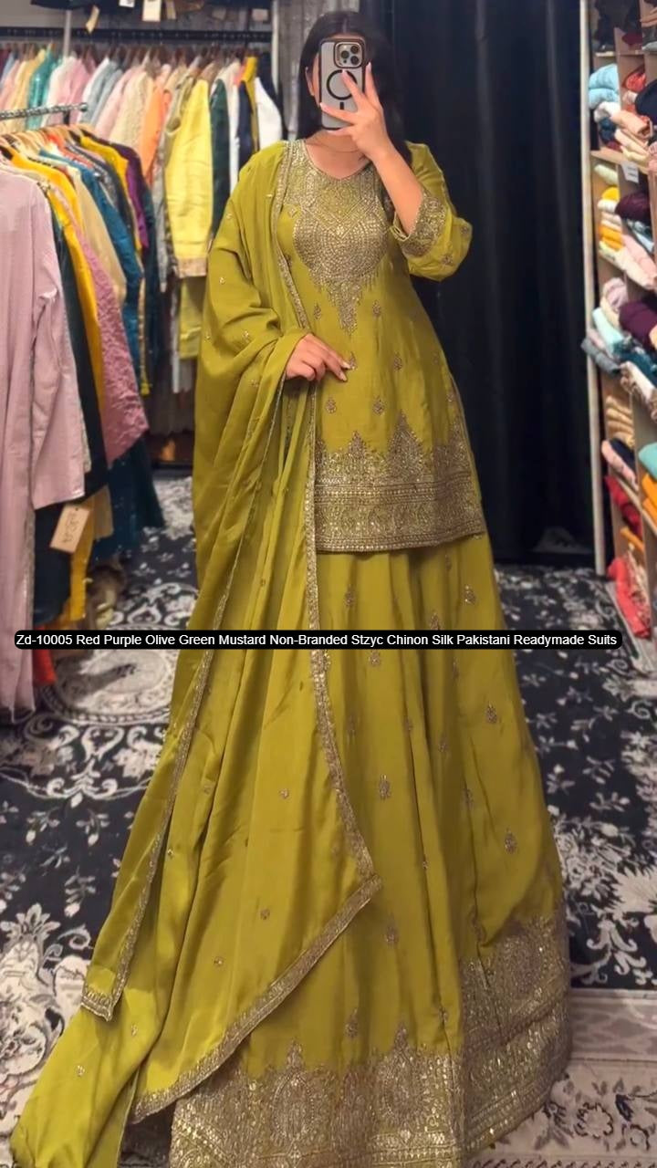 Zd-10005 Red Purple Olive Green Mustard Non-Branded Stzyc Chinon Silk Pakistani Readymade Suits