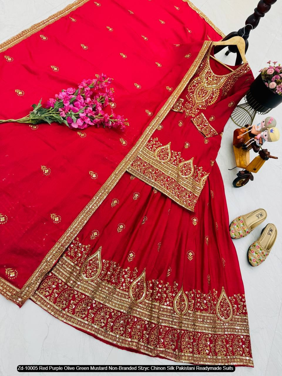 Zd-10005 Red Purple Olive Green Mustard Non-Branded Stzyc Chinon Silk Pakistani Readymade Suits