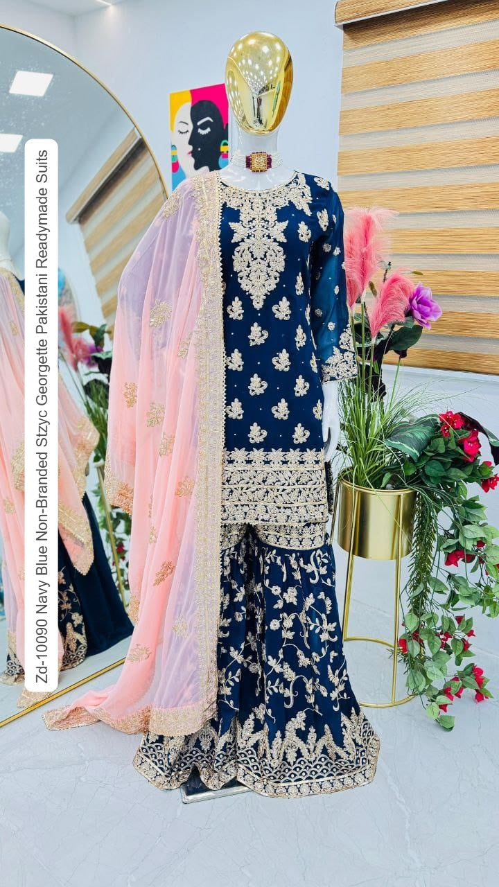 Zd-10090 Navy Blue Non-Branded Stzyc Georgette Pakistani Readymade Suits