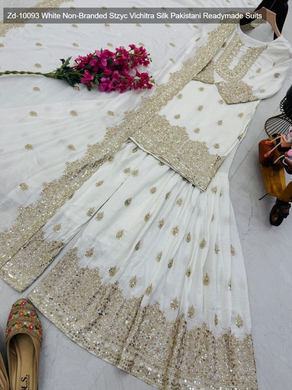 Zd-10093 White Non-Branded Stzyc Vichitra Silk Pakistani Readymade Suits