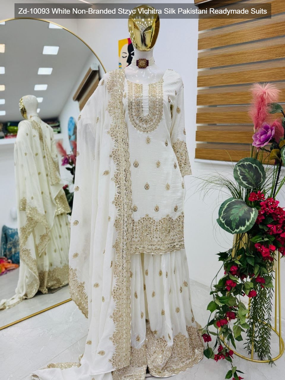 Zd-10093 White Non-Branded Stzyc Vichitra Silk Pakistani Readymade Suits