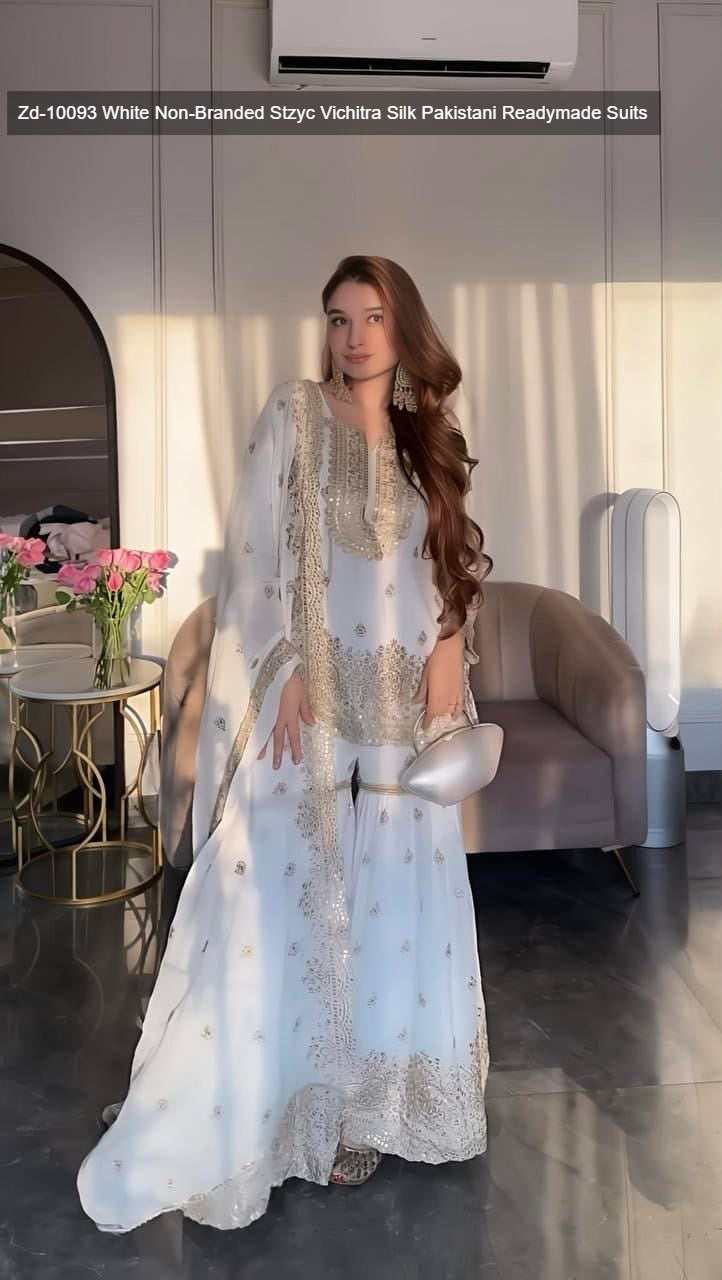 Zd-10093 White Non-Branded Stzyc Vichitra Silk Pakistani Readymade Suits