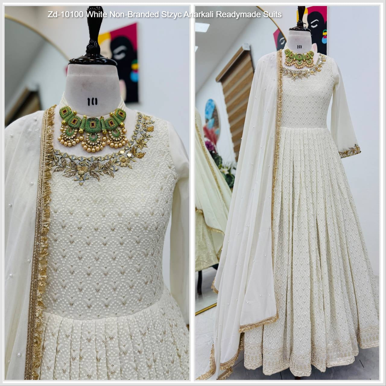 Zd-10100 White Non-Branded Stzyc Anarkali Readymade Suits