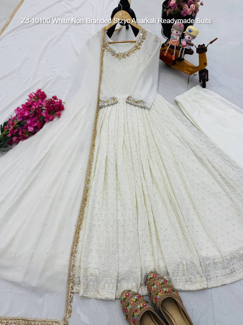 Zd-10100 White Non-Branded Stzyc Anarkali Readymade Suits