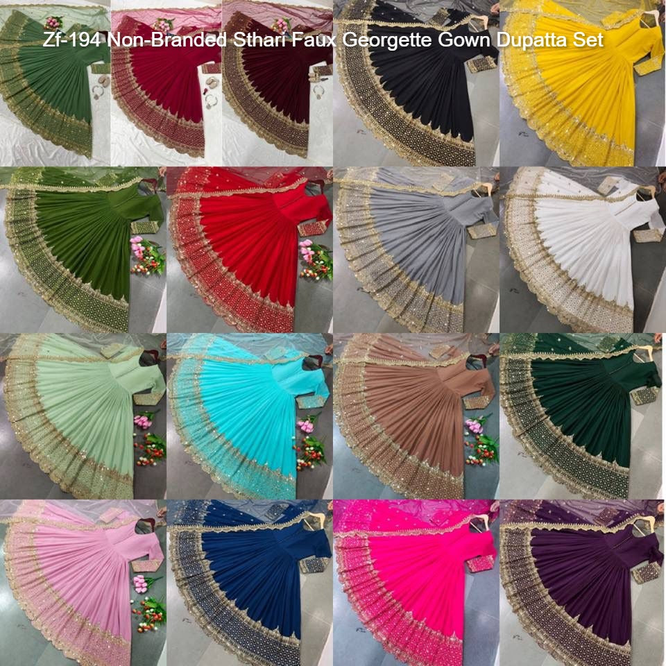 Zf-194 Non-Branded Sthari Faux Georgette Gown Dupatta Set