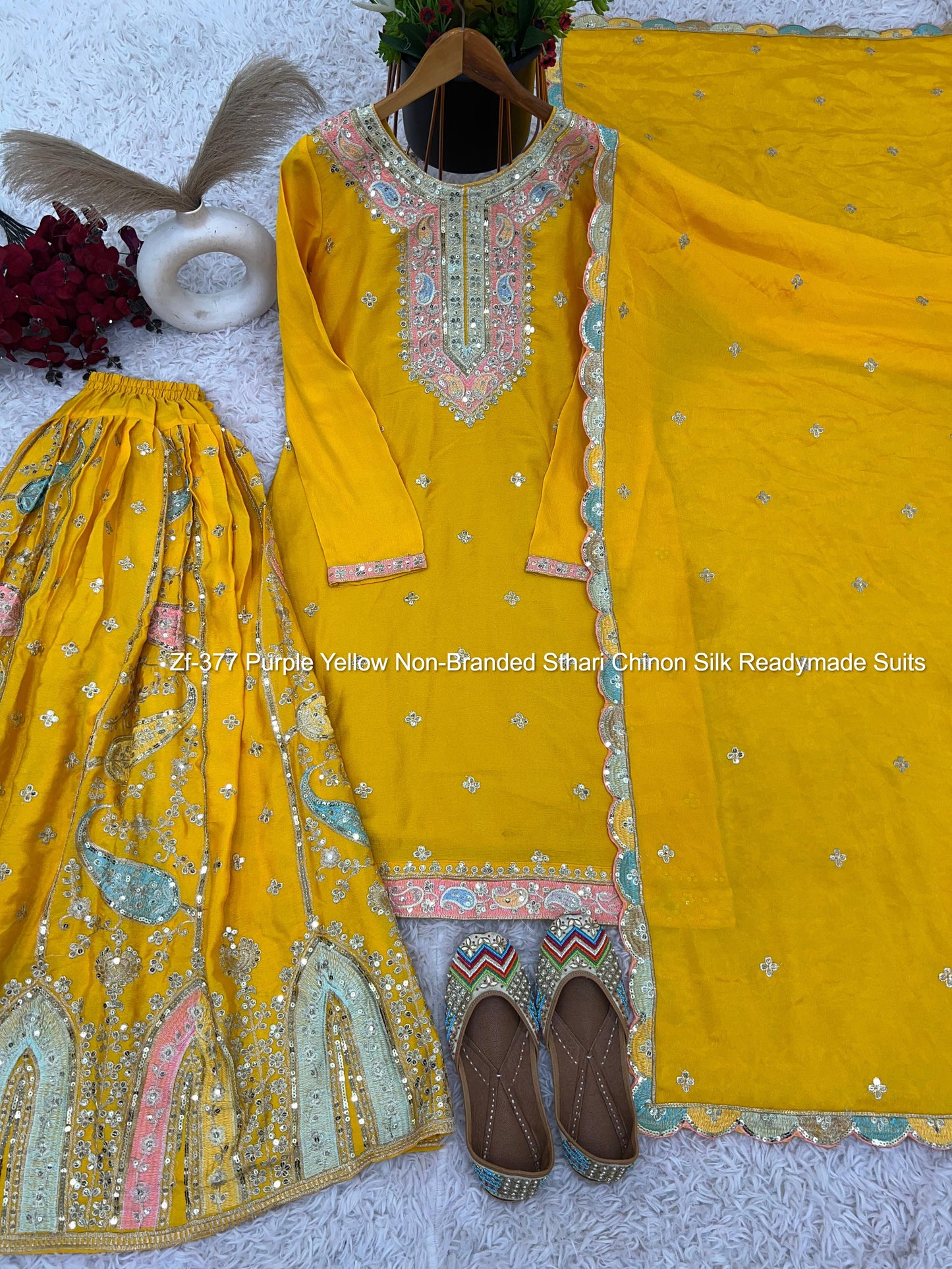 Zf-377 Purple Yellow Non-Branded Sthari Chinon Silk Readymade Suits