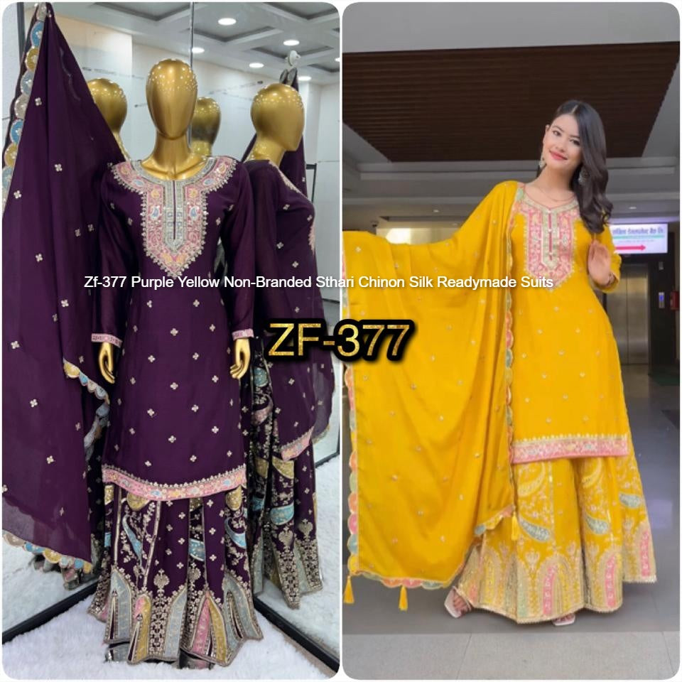 Zf-377 Purple Yellow Non-Branded Sthari Chinon Silk Readymade Suits