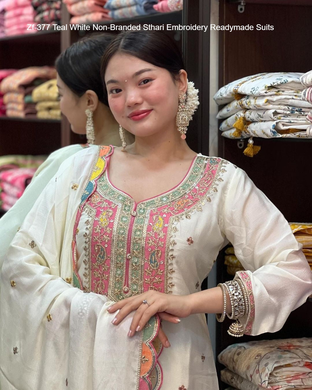 Zf-377 Teal White Non-Branded Sthari Embroidery Readymade Suits