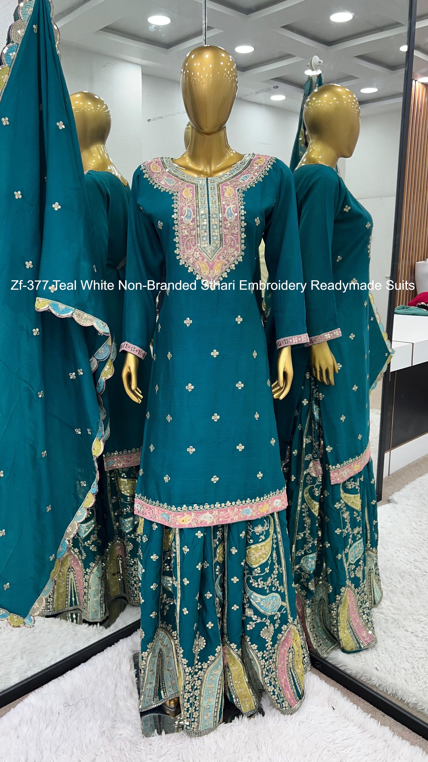 Zf-377 Teal White Non-Branded Sthari Embroidery Readymade Suits