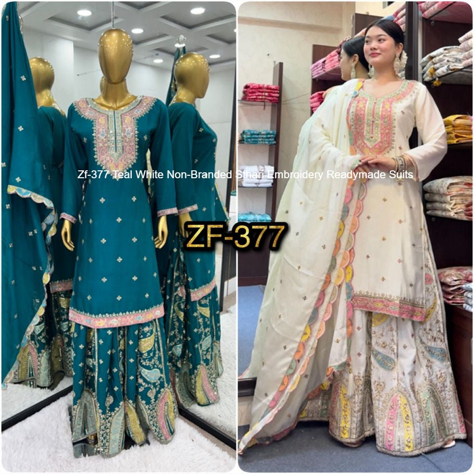 Zf-377 Teal White Non-Branded Sthari Embroidery Readymade Suits
