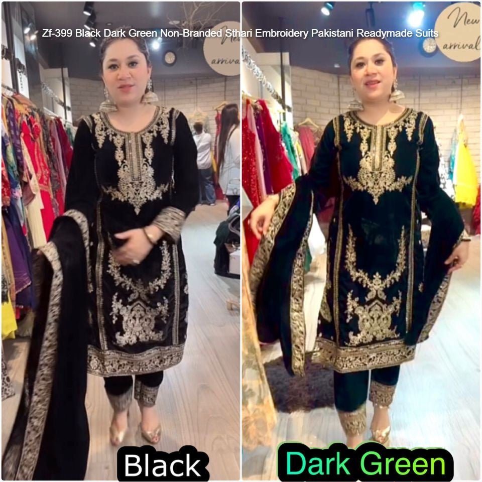 Zf-399 Black Dark Green Non-Branded Sthari Embroidery Pakistani Readymade Suits