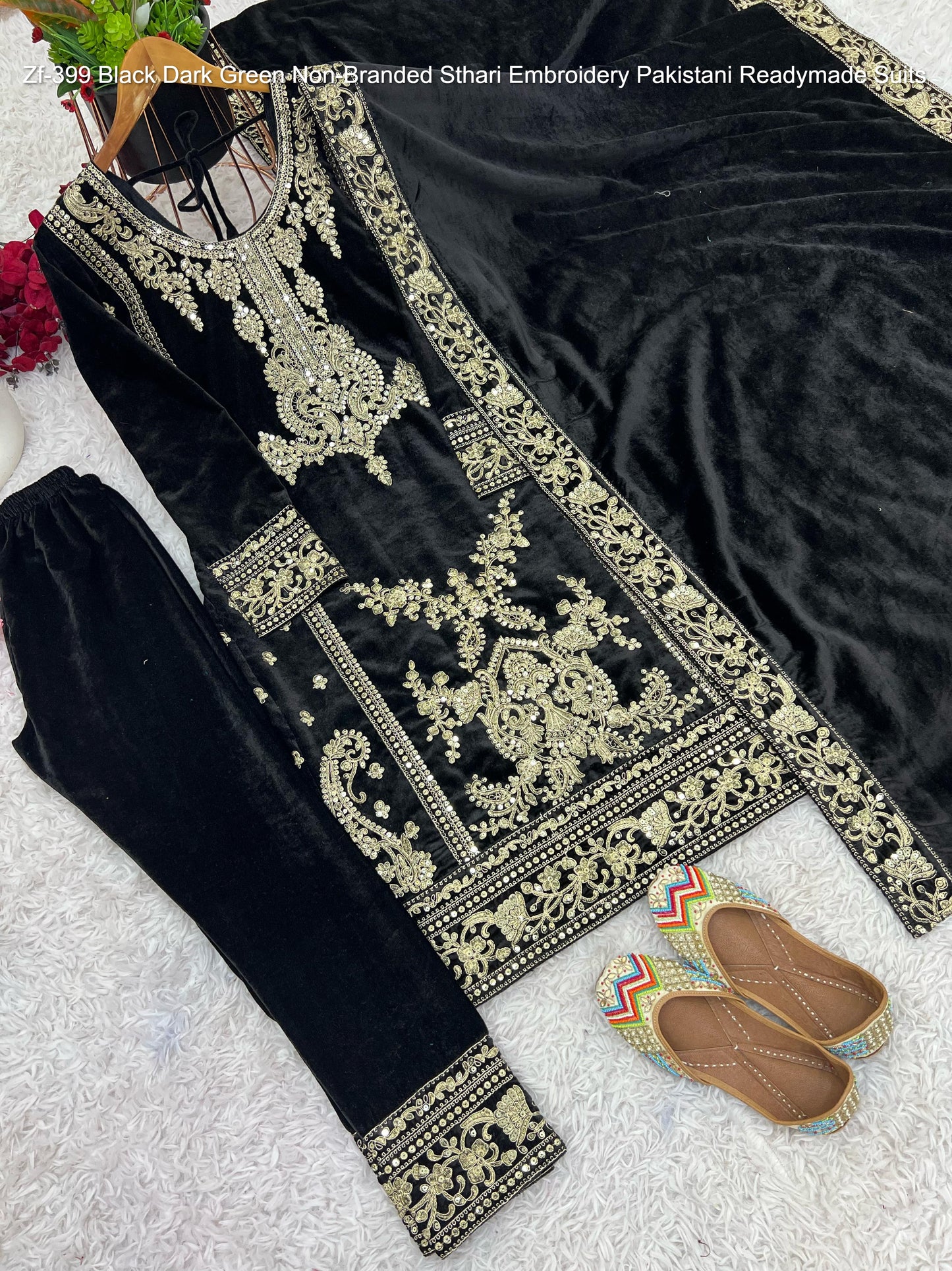 Zf-399 Black Dark Green Non-Branded Sthari Embroidery Pakistani Readymade Suits