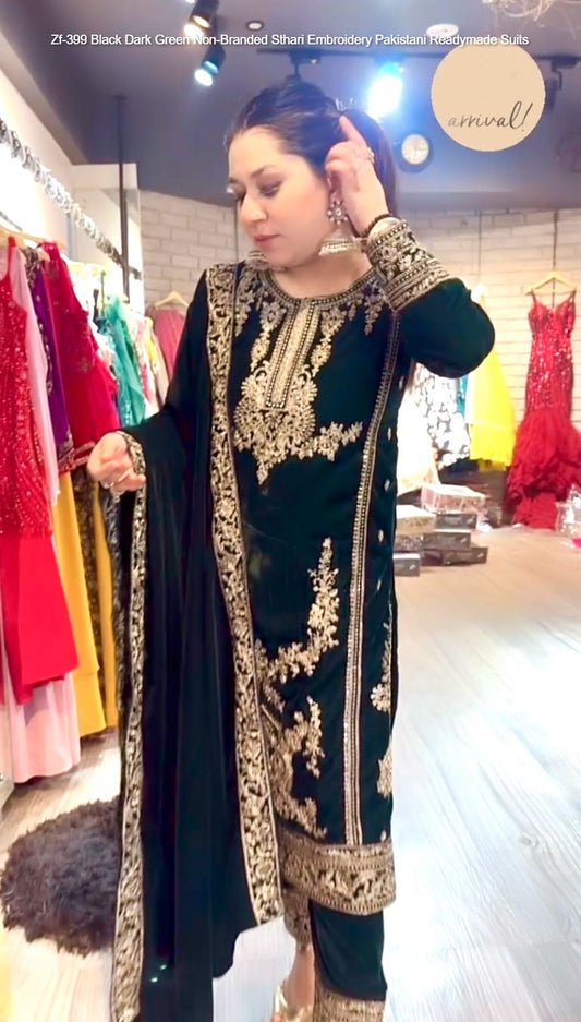 Zf-399 Black Dark Green Non-Branded Sthari Embroidery Pakistani Readymade Suits