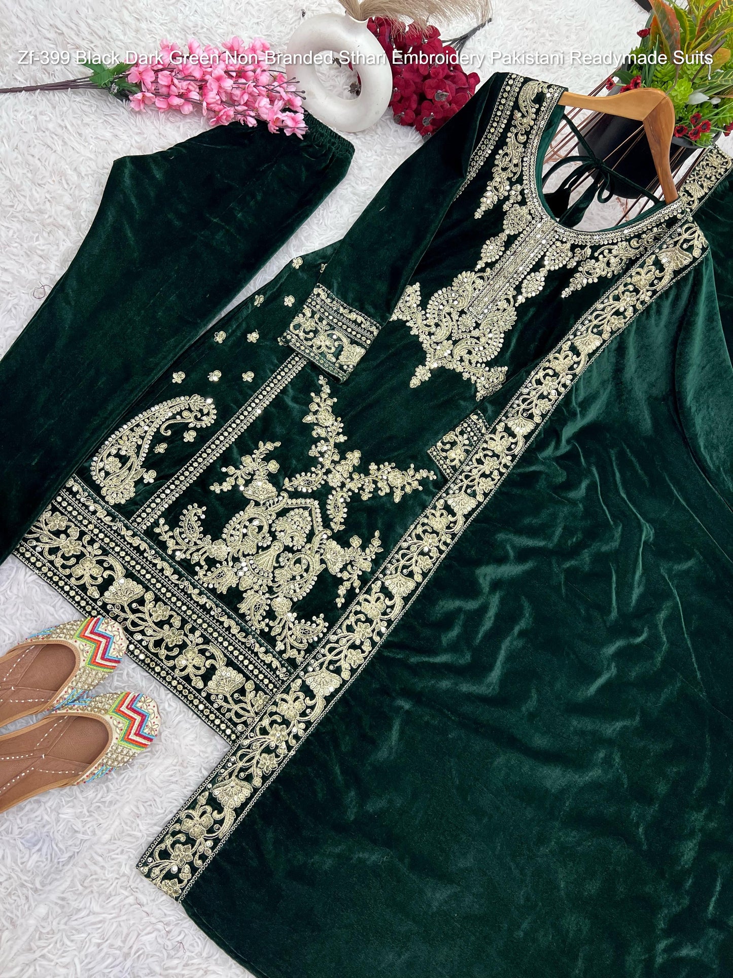 Zf-399 Black Dark Green Non-Branded Sthari Embroidery Pakistani Readymade Suits