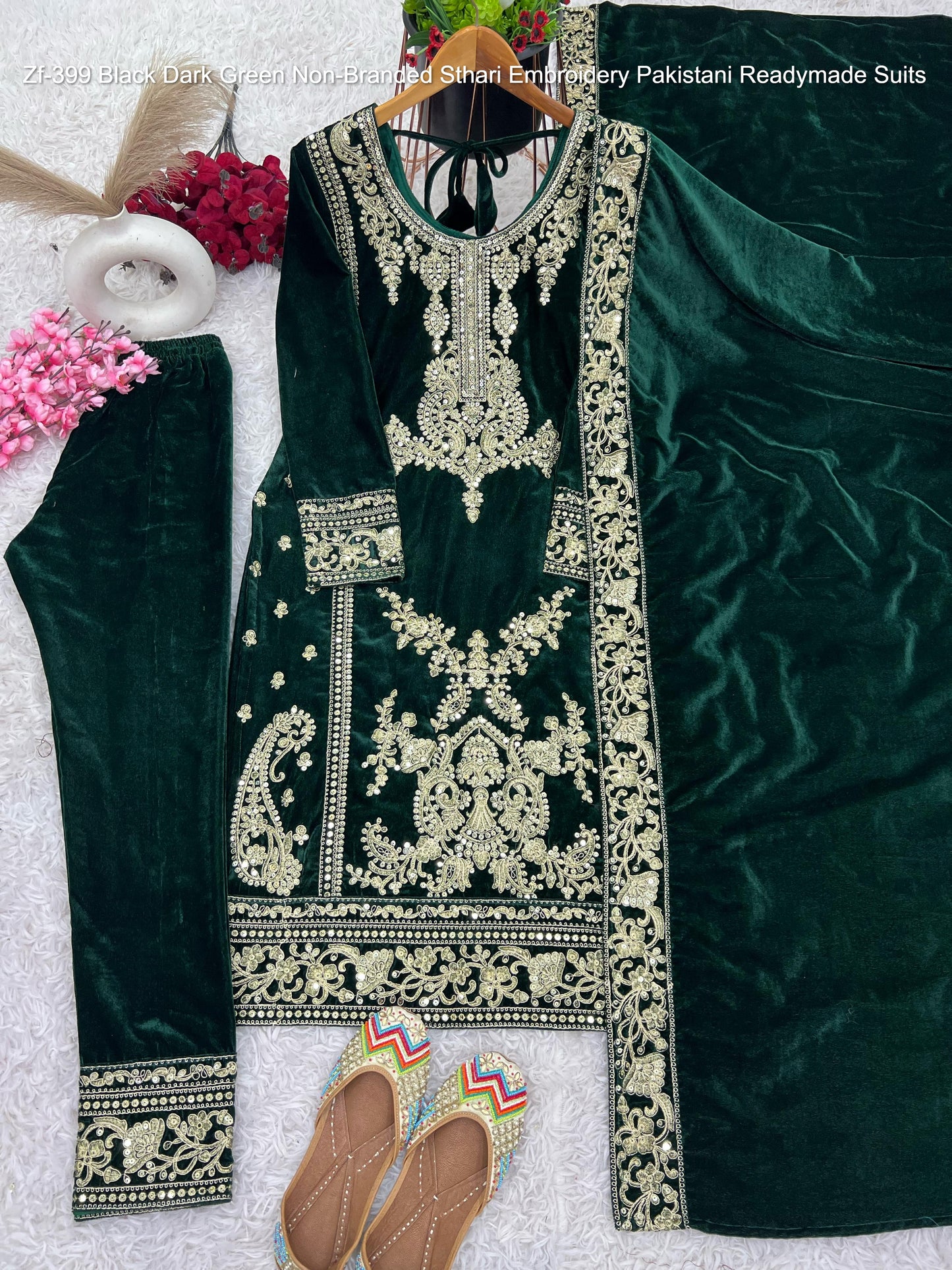 Zf-399 Black Dark Green Non-Branded Sthari Embroidery Pakistani Readymade Suits