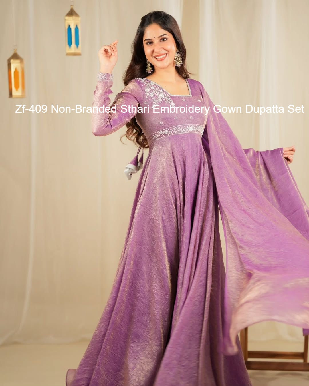 Zf-409 Non-Branded Sthari Embroidery Gown Dupatta Set