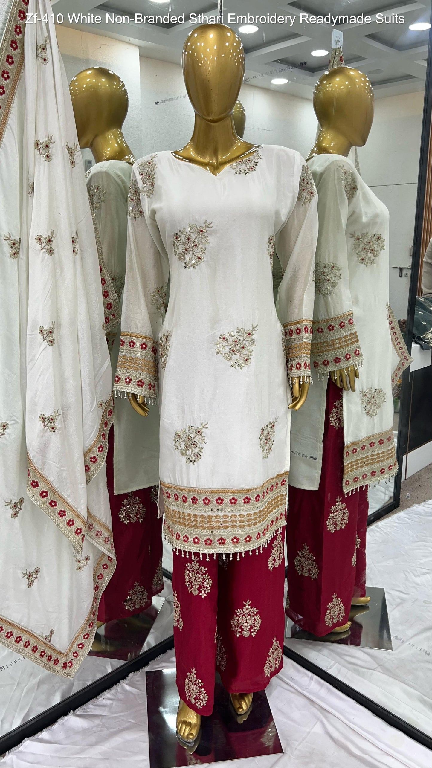 Zf-410 White Non-Branded Sthari Embroidery Readymade Suits