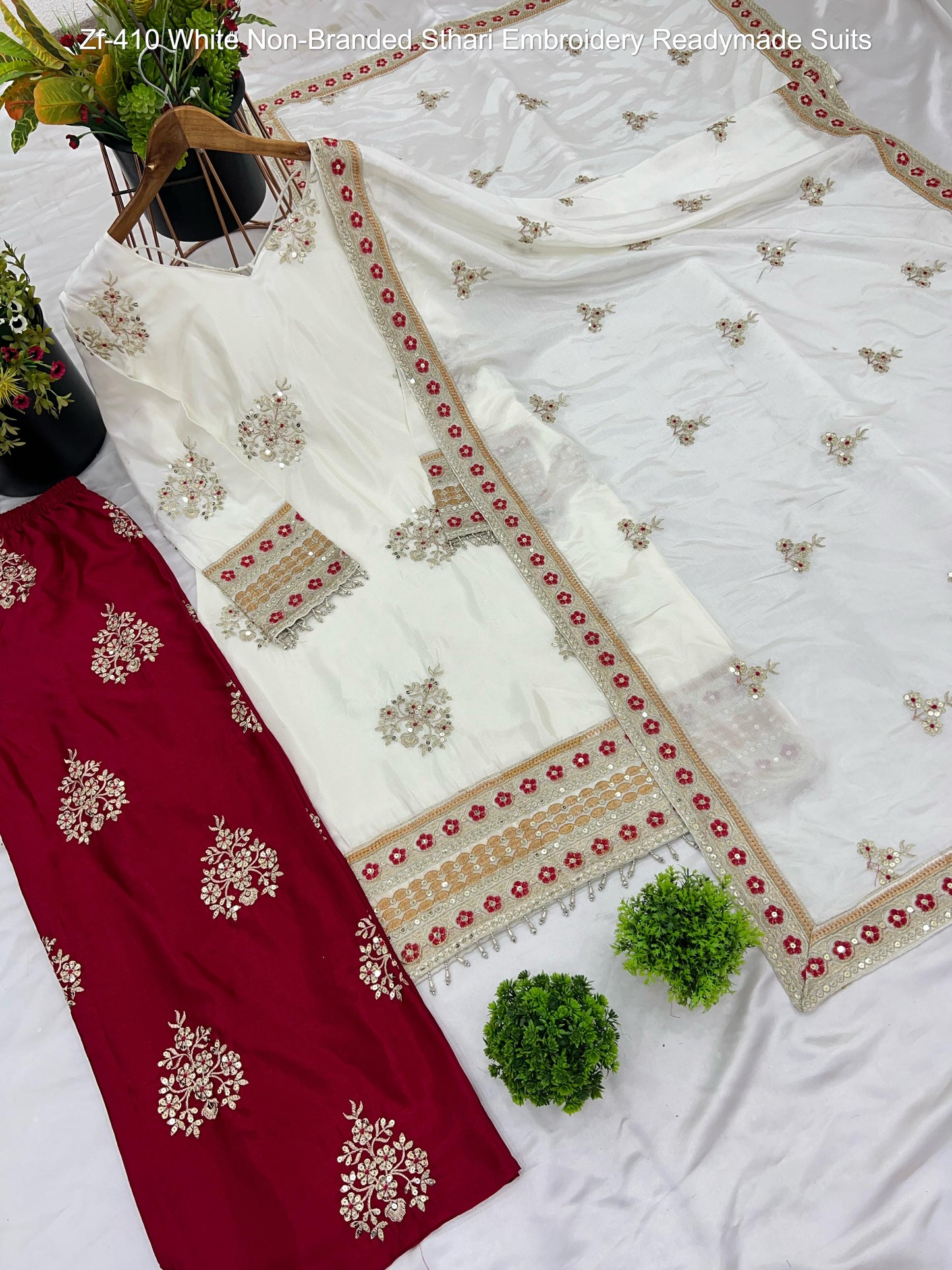 Zf-410 White Non-Branded Sthari Embroidery Readymade Suits