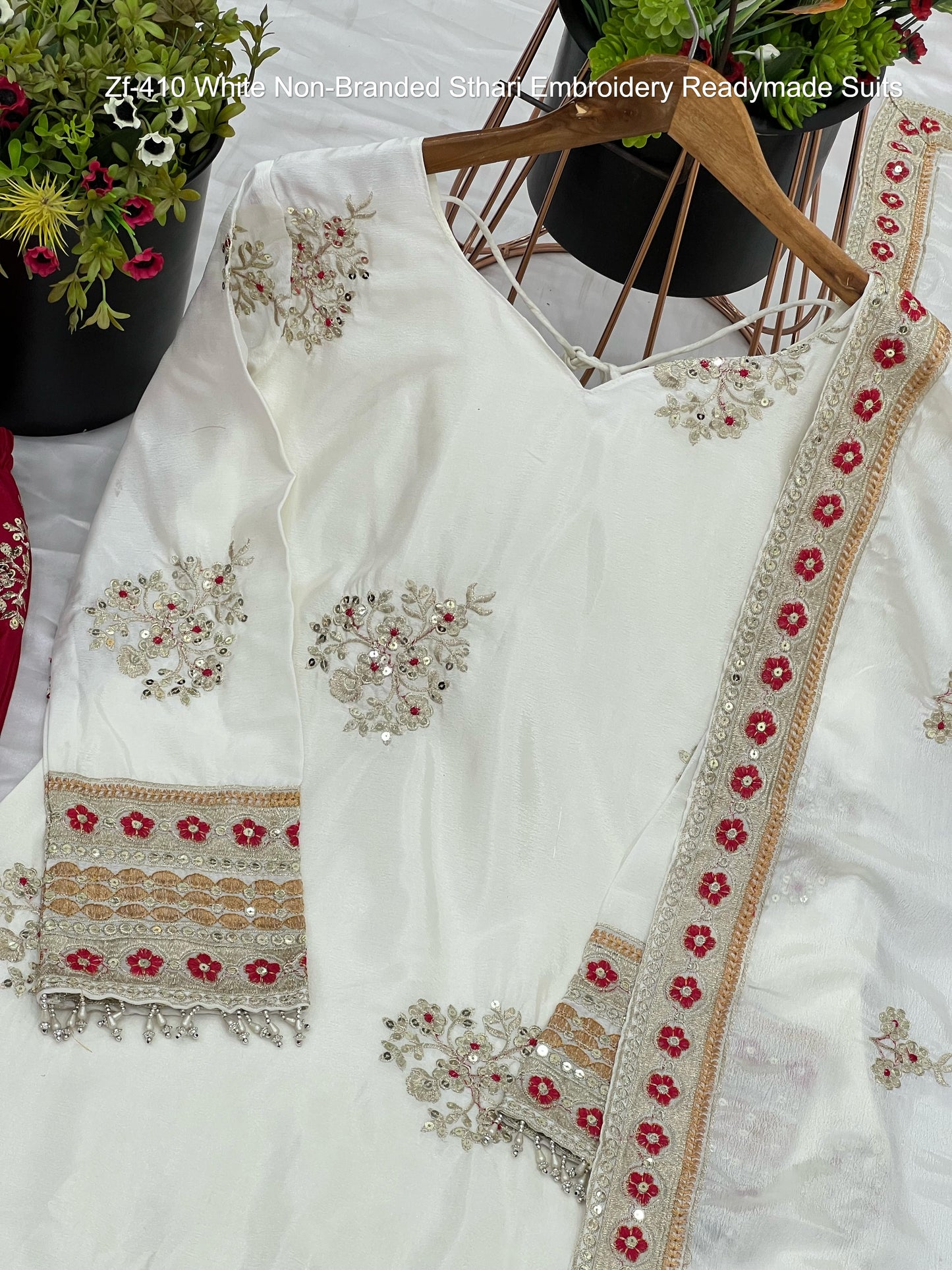 Zf-410 White Non-Branded Sthari Embroidery Readymade Suits