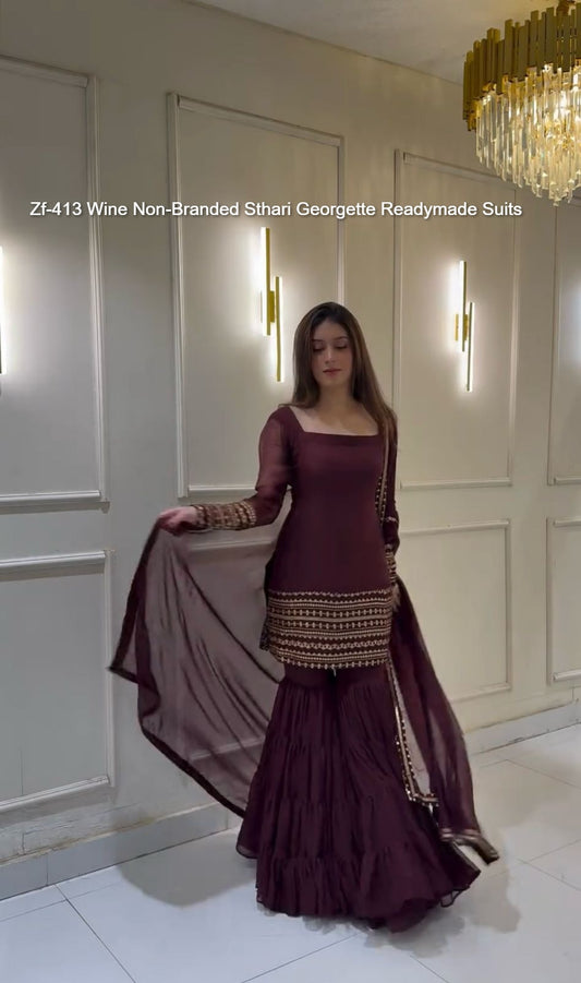 Zf-413 Wine Non-Branded Sthari Georgette Readymade Suits