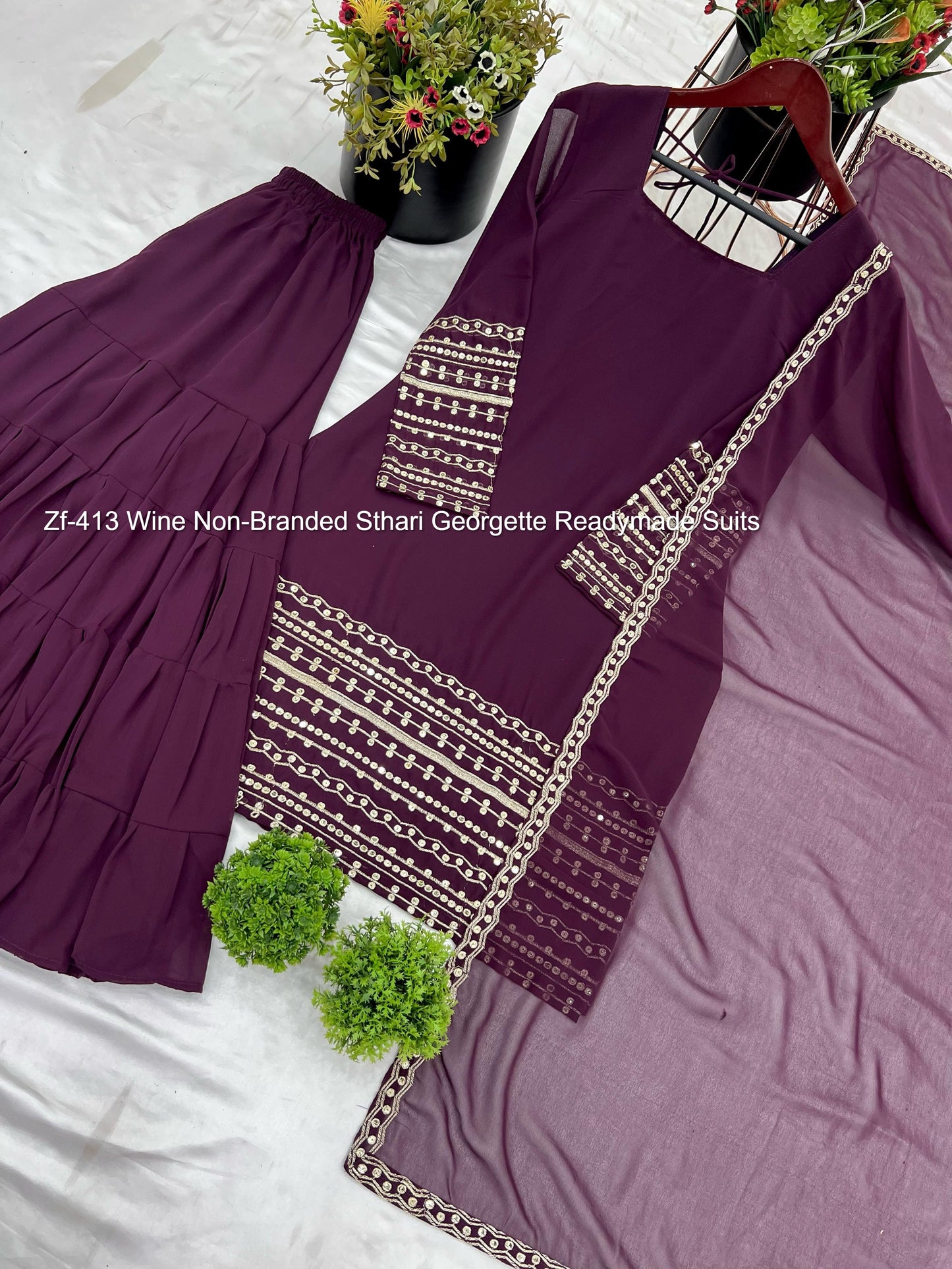 Zf-413 Wine Non-Branded Sthari Georgette Readymade Suits