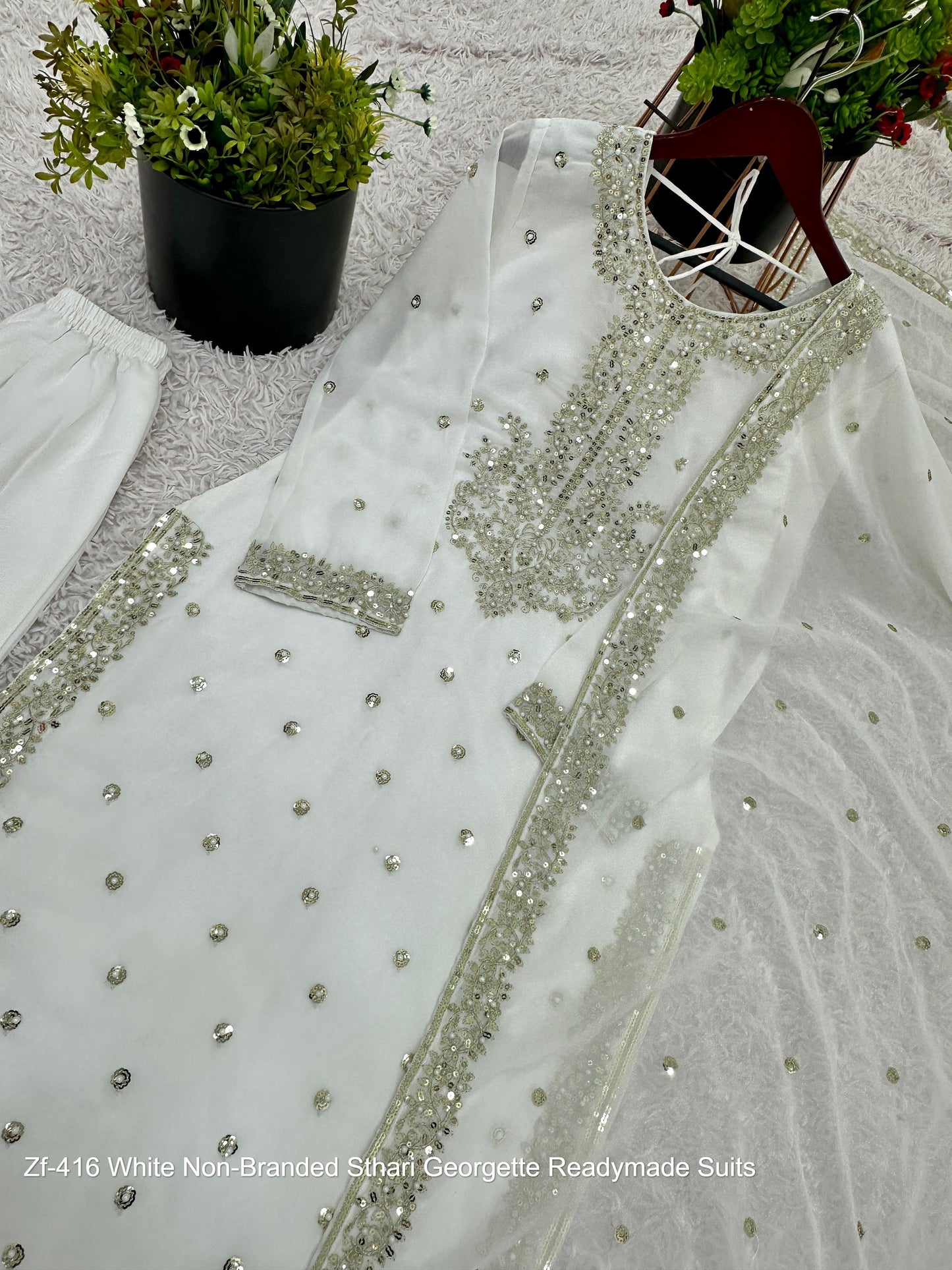 Zf-416 White Non-Branded Sthari Georgette Readymade Suits