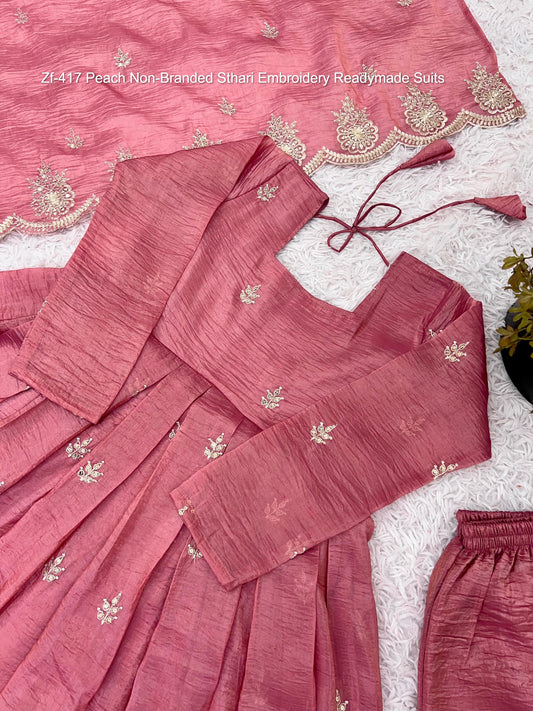 Zf-417 Peach Non-Branded Sthari Embroidery Readymade Suits