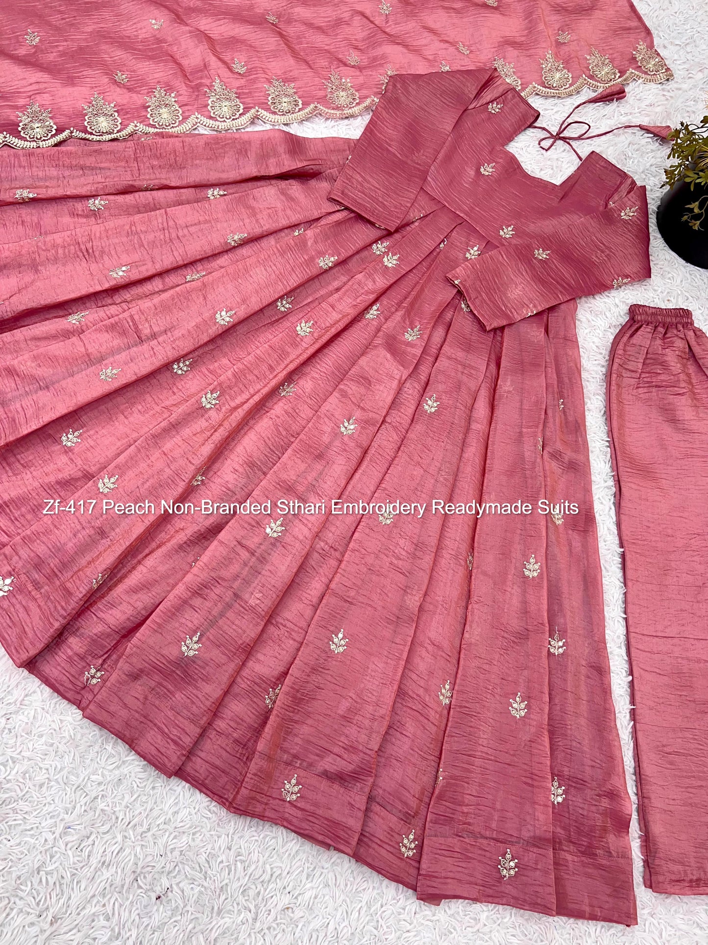 Zf-417 Peach Non-Branded Sthari Embroidery Readymade Suits