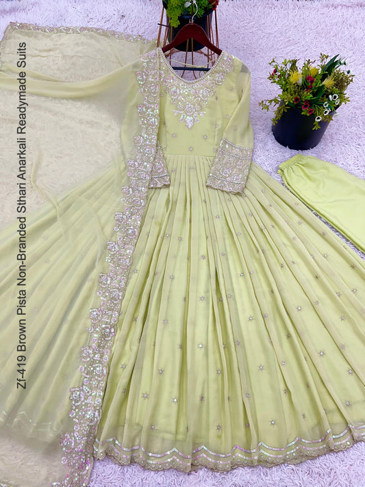 Zf-419 Brown Pista Non-Branded Sthari Anarkali Readymade Suits