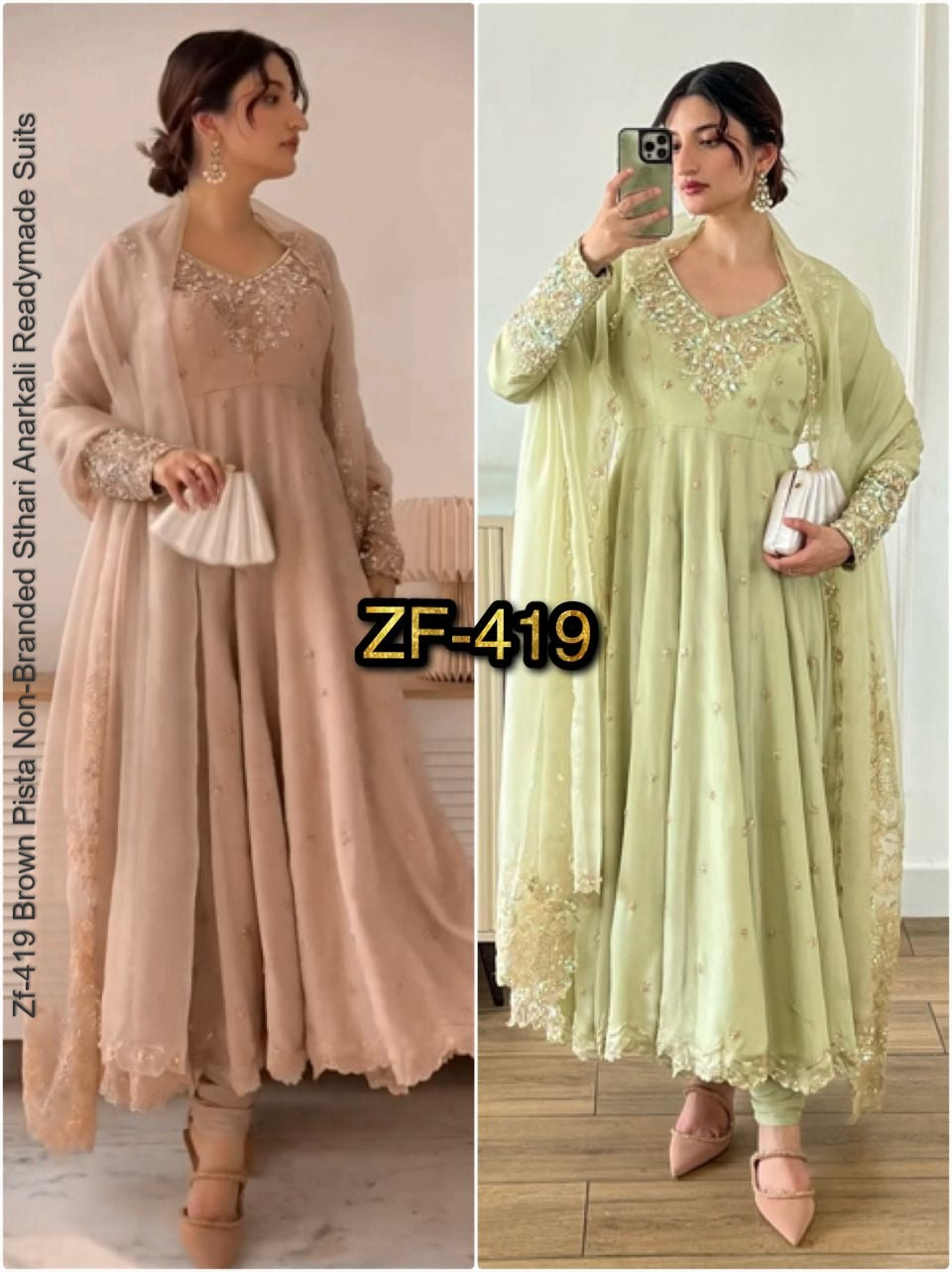 Zf-419 Brown Pista Non-Branded Sthari Anarkali Readymade Suits