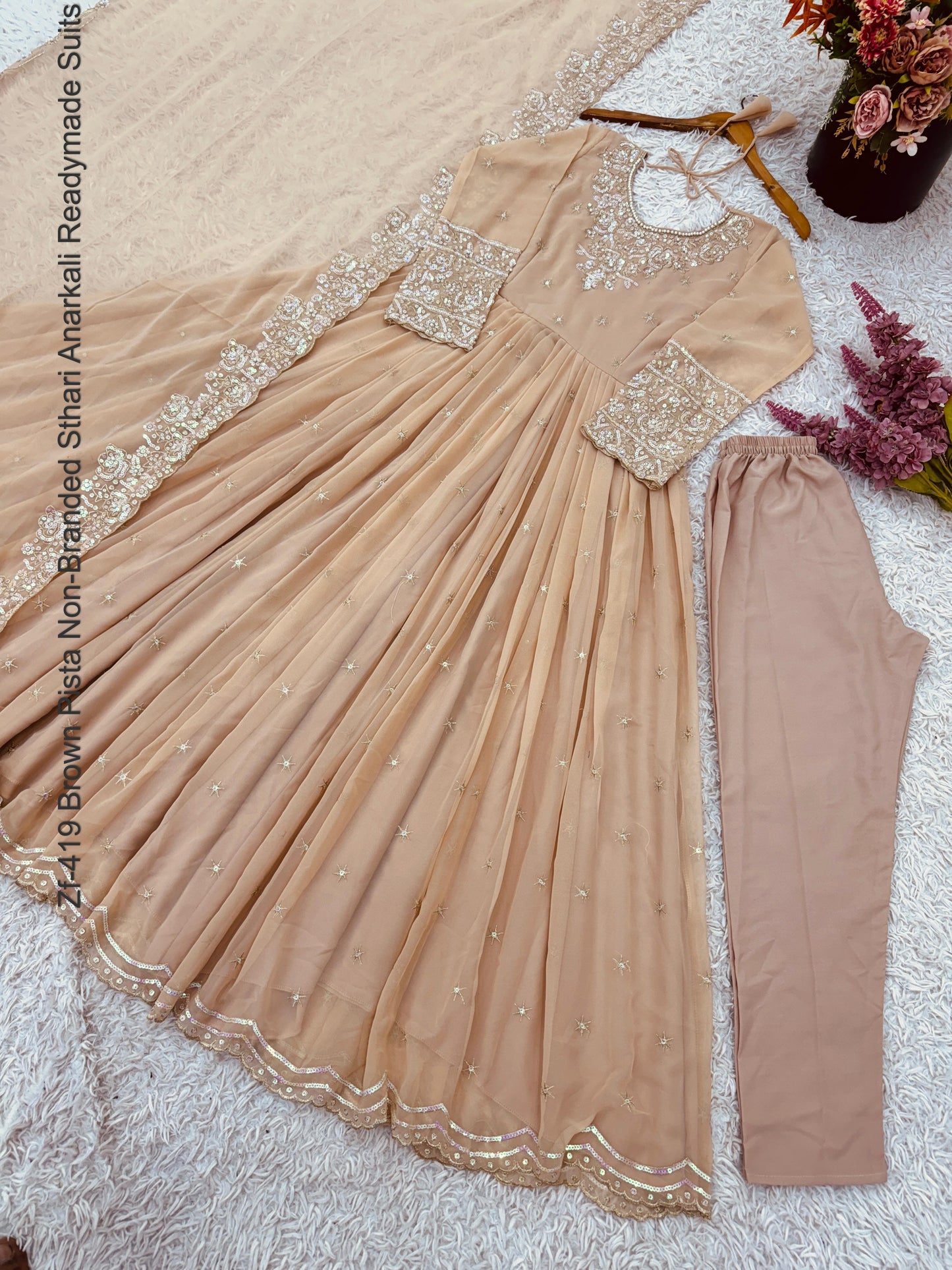 Zf-419 Brown Pista Non-Branded Sthari Anarkali Readymade Suits