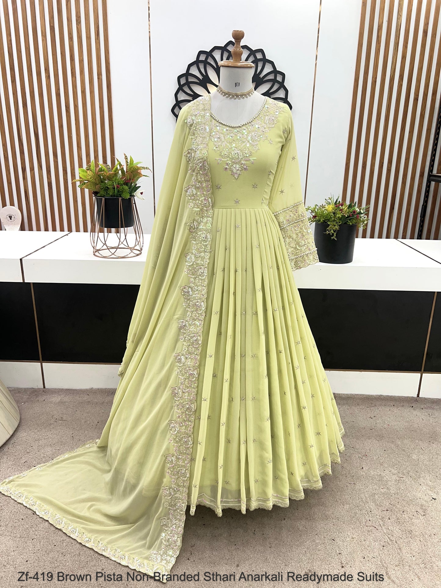 Zf-419 Brown Pista Non-Branded Sthari Anarkali Readymade Suits