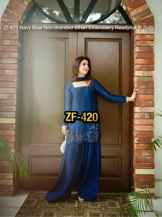Zf-420 Navy Blue Non-Branded Sthari Embroidery Readymade Suits