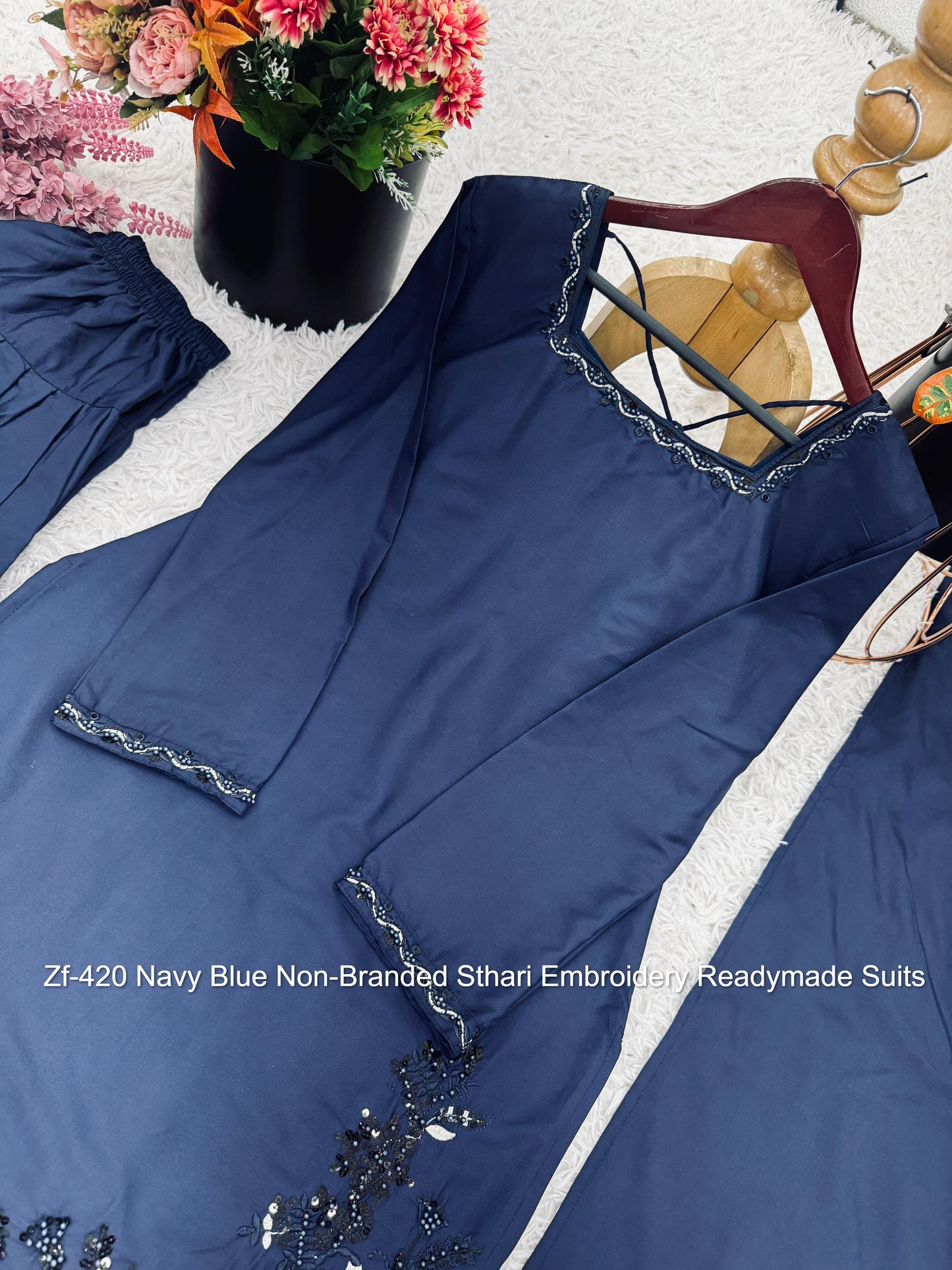 Zf-420 Navy Blue Non-Branded Sthari Embroidery Readymade Suits