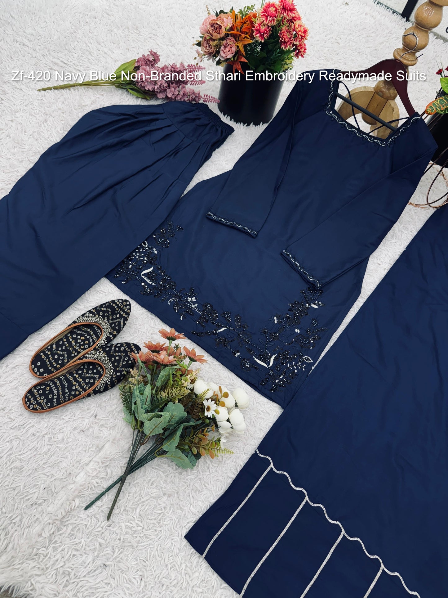 Zf-420 Navy Blue Non-Branded Sthari Embroidery Readymade Suits