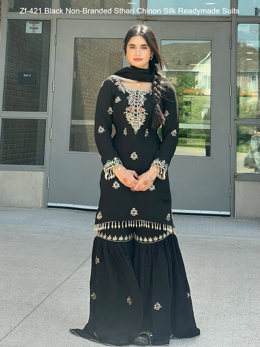 Zf-421 Black Non-Branded Sthari Chinon Silk Readymade Suits
